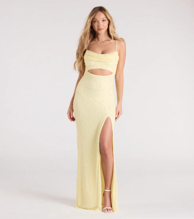 Turn heads at Prom 2025 in this yellow prom dress, where statement-making details meet the iconic style of the Marine Cutout Slit Mermaid Beaded Formal Dress.