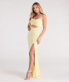 Turn heads at Prom 2025 in this yellow prom dress, where statement-making details meet the iconic style of the Marine Cutout Slit Mermaid Beaded Formal Dress.