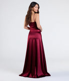 Make a statement in the Marissa Formal Satin Cowl Neck Dress in burgundy, a bold red prom dress designed to exude confidence, elegance, and a striking prom-night look.