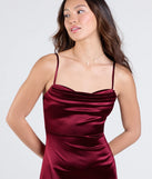 Own the spotlight in the Marissa Formal Satin Cowl Neck Dress, a burgundy formal dress crafted to deliver luxe style for summer weddings, Army Balls, or any special event.