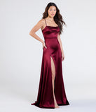 The Marissa Formal Satin Cowl Neck Dress in luxe burgundy fabric, a stunning prom dress with statement details designed to make a bold impression at Prom 2025.
