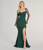 Turn heads at Prom 2025 in this hunter green prom dress, where statement-making details meet the iconic style of the Connie Long Sleeve Glitter Slim Formal Dress .