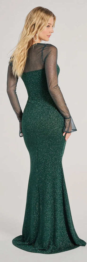 Celebrate in style with the Connie Long Sleeve Glitter Slim Formal Dress, a hunter green formal wedding guest dress featuring an elegant silhouette and luxe details, perfect for a black-tie celebration.