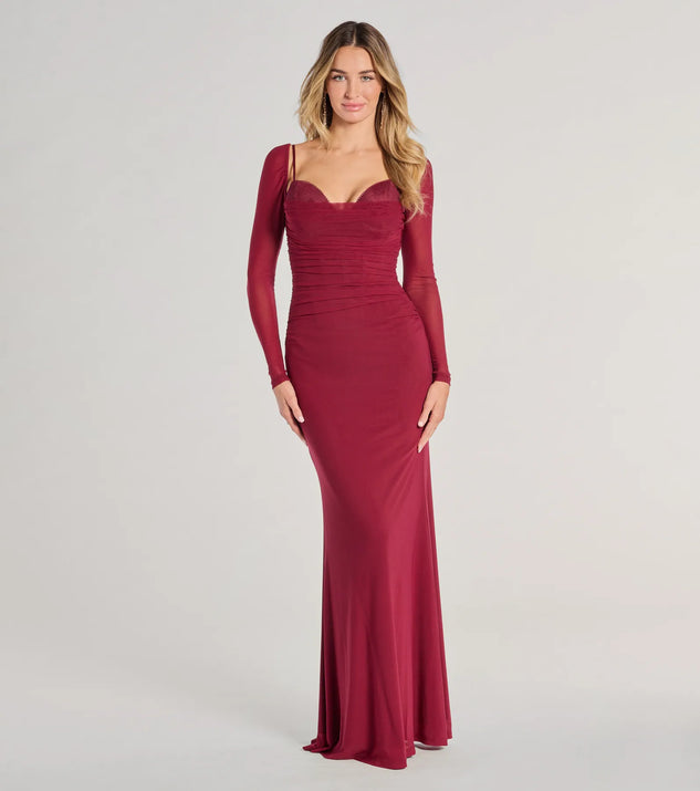 Celebrate in style with the Kennedy Long Sleeve Corset Mermaid Formal Dress, a wine formal wedding guest dress featuring an elegant silhouette and luxe details, perfect for a black-tie celebration.