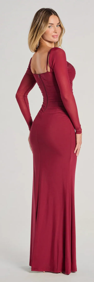Kennedy Long Sleeve Corset Mermaid Formal Dress in wine, a stylish red dress with a flattering fit and fabric that adds allure to your look, perfect for wedding guest attire, cocktail events, or making a bold statement on a date night.