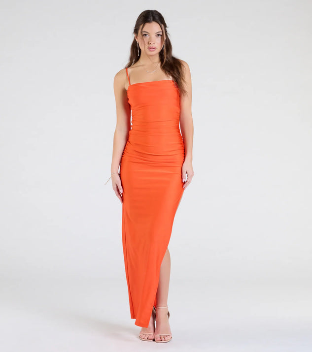 The Ella Cowl Neck Satin Dress in luxe orange fabric, a stunning prom dress with statement details designed to make a bold impression at Prom 2025.