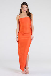 golden orange satin cowl lace up bodycon dress Bright Orange Satin Cowl Neck Lace Up Back Maxi Dress