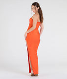 The Ella Cowl Neck Satin Dress in luxe orange fabric, a stunning prom dress with statement details designed to make a bold impression at Prom 2025.