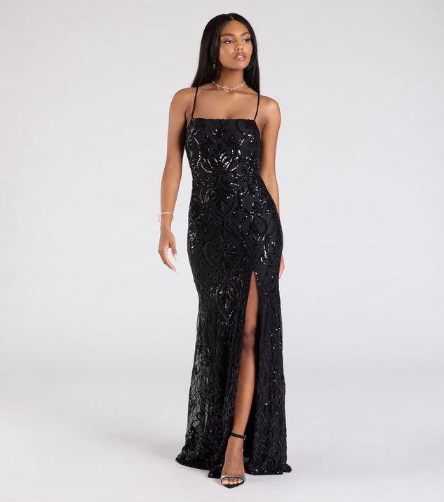 Windsor Jillian Sequin Slit Long Formal Dress in Sage | Size: S | Knit Fabric/Mesh Fabric/Mesh Fabric Windsor Jillian Sequin Slit Long Formal Dress in Sage | Size: S | Knit Fabric/Mesh Fabric/Mesh Fabric