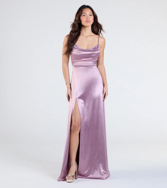 Make a bold statement in the Steffanie Tie Back Slit A-Line Satin Formal Dress in lavender, the perfect spring dress for weddings, cocktail hours, nights out, and/or seasonal celebrations.