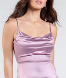 Make a bold statement in the Steffanie Tie Back Slit A-Line Satin Formal Dress in lavender, the perfect spring dress for weddings, cocktail hours, nights out, and/or seasonal celebrations.