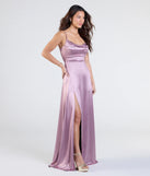 Make a bold statement in the Steffanie Tie Back Slit A-Line Satin Formal Dress in lavender, the perfect spring dress for weddings, cocktail hours, nights out, and/or seasonal celebrations.