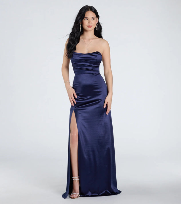 The Alison Strapless Slit A-Line Satin Formal Dress in luxe navy blue fabric, a stunning prom dress with statement details designed to make a bold impression at Prom 2025.
