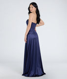 Step into the Prom 2025 dance in the Alison Strapless Slit A-Line Satin Formal Dress in navy, a stunning blue prom dress designed to complement any theme with its timeless allure and statement-making style.