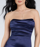 The Alison Strapless Slit A-Line Satin Formal Dress in luxe navy blue fabric, a stunning prom dress with statement details designed to make a bold impression at Prom 2025.