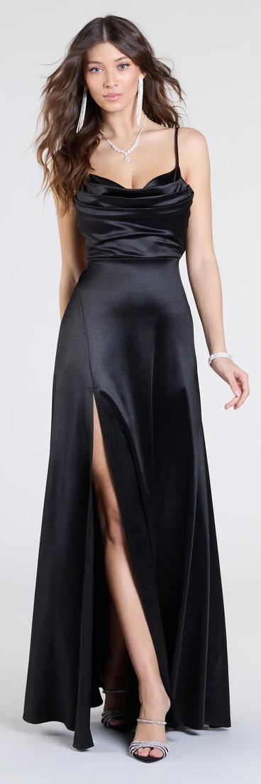 Feel instantly put-together in the Steffanie Tie-Back Slit A-Line Satin Formal Dress in black, a stylish wedding guest dress designed for confident style and all-out celebration.