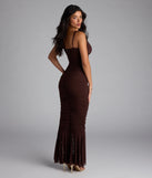 Own the spotlight in the Evelyn Lace-Up Ruffle Mermaid Formal Dress, a brown formal dress crafted to deliver luxe style for summer weddings, Army Balls, or any special event.