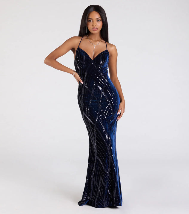 The Gisele Sequin Velvet Lace-Up Mermaid Dress in luxe navy blue fabric, a stunning prom dress with statement details designed to make a bold impression at Prom 2025.