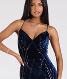 The Gisele Sequin Velvet Lace-Up Mermaid Dress in luxe navy blue fabric, a stunning prom dress with statement details designed to make a bold impression at Prom 2025.