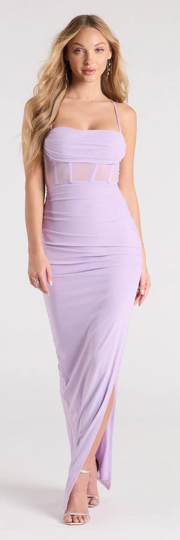 Add royal flair with the Rose Formal Mesh Corset Column Dress in lavender, a viral-worthy pick from the purple homecoming dress collection made to light up your HOCO feed.
