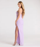 Turn heads at Prom 2025 in this lavender prom dress, where statement-making details meet the iconic style of the Rose Formal Mesh Corset Column Dress.