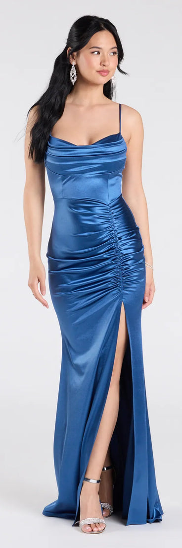 Feel instantly put-together in the Jazmine Cowl Neck Slit A-Line Satin Formal Dress in denim blue, a stylish wedding guest dress designed for confident style and all-out celebration.