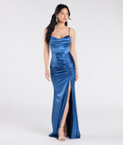 Feel instantly put-together in the Jazmine Cowl Neck Slit A-Line Satin Formal Dress in denim blue, a summer wedding guest dress designed for confident style and all-out celebration.
