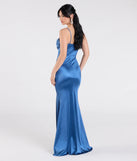 Step into the Prom 2025 dance in the Jazmine Cowl Neck Slit A-Line Satin Formal Dress in denim, a stunning blue prom dress designed to complement any theme with its timeless allure and statement-making style.