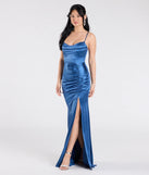 Step into the Prom 2025 dance in the Jazmine Cowl Neck Slit A-Line Satin Formal Dress in denim, a stunning blue prom dress designed to complement any theme with its timeless allure and statement-making style.