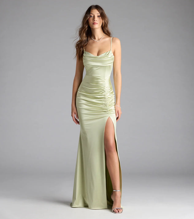 Jazmine Cowl Neck Slit A-Line Satin Formal Dress
