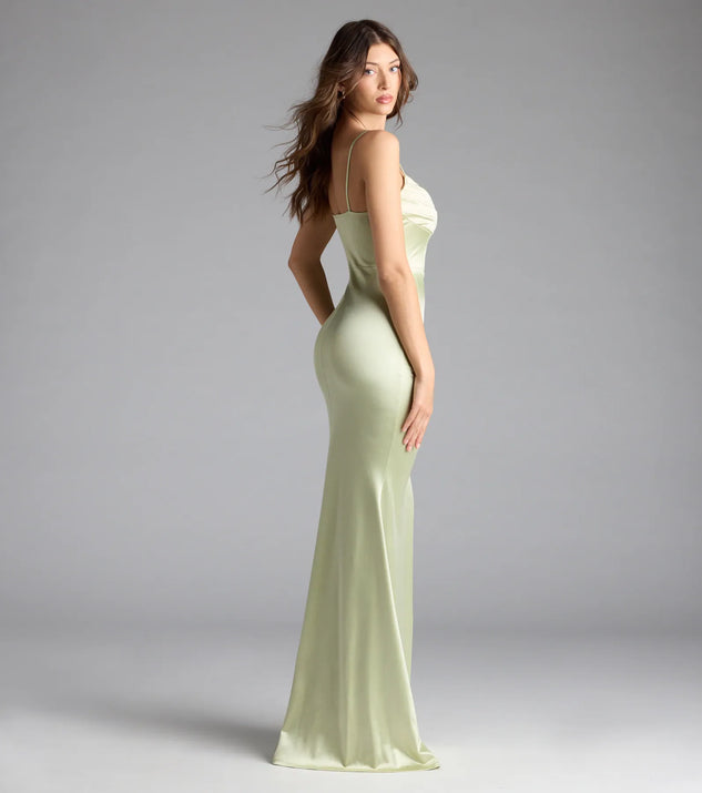 Jazmine Cowl Neck Slit A-Line Satin Formal Dress