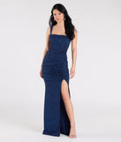 Feel instantly put-together in the Drew Open Back Glitter Mermaid Dress in navy blue, a summer wedding guest dress designed for confident style and all-out celebration.