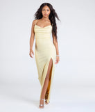 Celebrate in style with the Shelly High Slit Glitter Knit Formal Dress, a yellow formal wedding guest dress featuring an elegant silhouette and luxe details, perfect for a black-tie celebration.