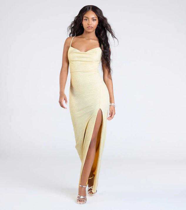 Celebrate in style with the Shelly High Slit Glitter Knit Formal Dress, a yellow formal wedding guest dress featuring an elegant silhouette and luxe details, perfect for a black-tie celebration.