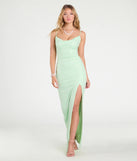 The Shelly High Slit Glitter Knit Formal Dress in luxe sage green fabric, a stunning prom dress with statement details designed to make a bold impression at Prom 2025.