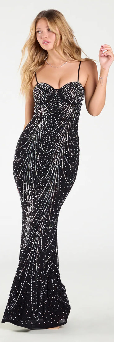 Own the spotlight in the Clara Rhinestone Pearl Mermaid Formal Dress, a black formal dress crafted to deliver luxe style for autumn weddings, Military Balls, or any special event.