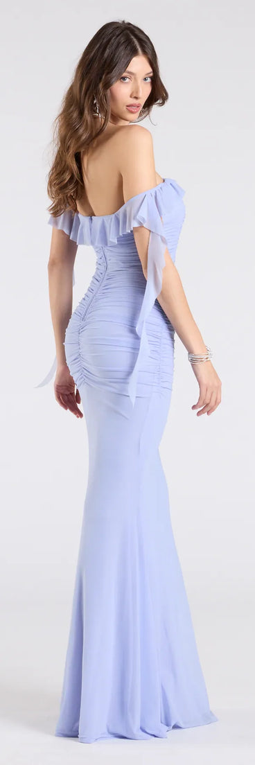 Step into the Prom 2025 dance in the Deyna Formal Mesh Off-The-Shoulder Long Dress in periwinkle, a stunning blue prom dress designed to complement any theme with its timeless allure and statement-making style.