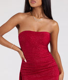 The Vivienne Strapless Slit Glitter Formal Dress in luxe red fabric, a stunning prom dress with statement details designed to make a bold impression at Prom 2025.