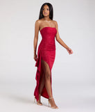 The Vivienne Strapless Slit Glitter Formal Dress in luxe red fabric, a stunning prom dress with statement details designed to make a bold impression at Prom 2025.