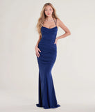 Celebrate in style with the Jae Formal Mesh Ruched Mermaid Long Dress, a navy blue formal wedding guest dress featuring an elegant silhouette and luxe details, perfect for a black-tie celebration.