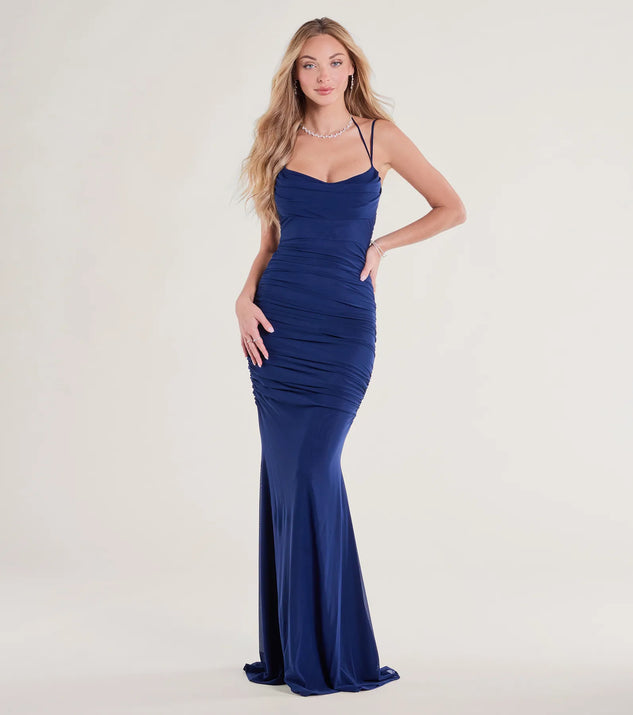 Celebrate in style with the Jae Formal Mesh Ruched Mermaid Long Dress, a navy blue formal wedding guest dress featuring an elegant silhouette and luxe details, perfect for a black-tie celebration.