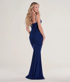 Step into the Prom 2025 dance in the Jae Formal Mesh Ruched Mermaid Long Dress in navy, a stunning blue prom dress designed to complement any theme with its timeless allure and statement-making style.