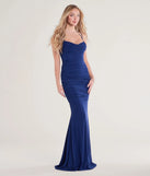 Step into the Prom 2025 dance in the Jae Formal Mesh Ruched Mermaid Long Dress in navy, a stunning blue prom dress designed to complement any theme with its timeless allure and statement-making style.