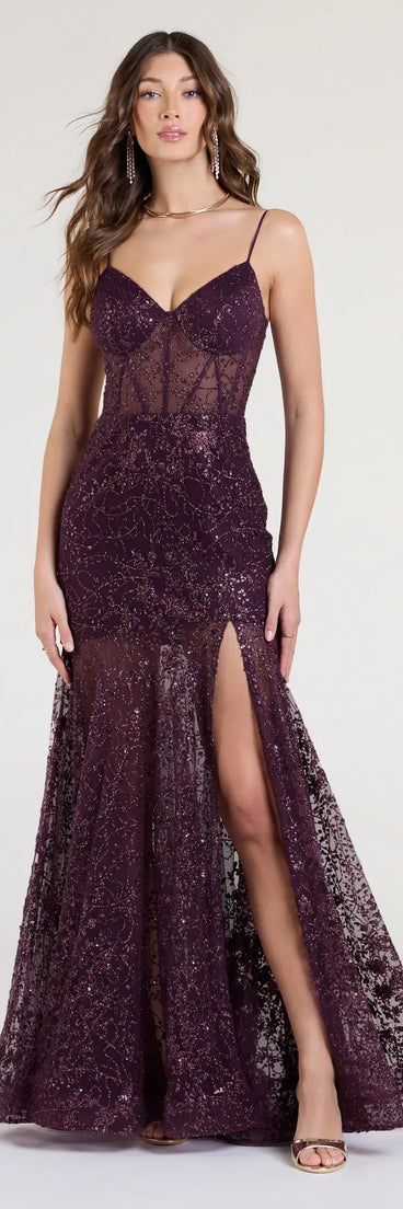 Own the spotlight in the Amanza Corset Slit Mermaid Tulle Formal Dress, a purple formal dress crafted to deliver luxe style for autumn weddings, Military Balls, or any special event.
