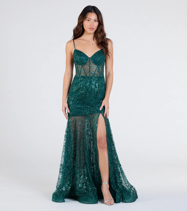 The Amanza Corset Slit Mermaid Tulle Formal Dress in hunter is a stunning green prom dress designed to capture attention with its fresh or bold color and effortlessly stylish silhouette.