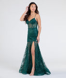 The Amanza Corset Slit Mermaid Tulle Formal Dress in hunter is a stunning green prom dress designed to capture attention with its fresh or bold color and effortlessly stylish silhouette.
