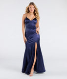 Step into the Prom 2025 dance in the Amy Mermaid Slit Satin Formal Dress in navy, a stunning blue prom dress designed to complement any theme with its timeless allure and statement-making style.