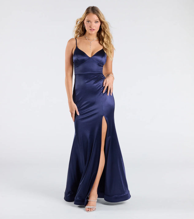Step into the Prom 2025 dance in the Amy Mermaid Slit Satin Formal Dress in navy, a stunning blue prom dress designed to complement any theme with its timeless allure and statement-making style.