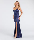 Step into the Prom 2025 dance in the Amy Mermaid Slit Satin Formal Dress in navy, a stunning blue prom dress designed to complement any theme with its timeless allure and statement-making style.