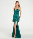 Feel instantly put-together in the Amy Mermaid Slit Satin Formal Dress in hunter green, a summer wedding guest dress designed for confident style and all-out celebration.